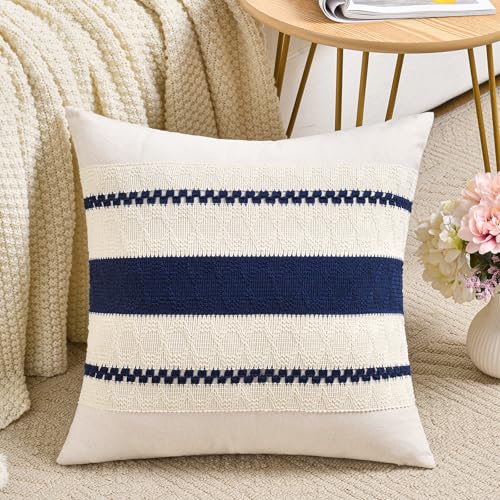 Fancy Homi Set of 2 Navy Blue Small Decorative Throw Pillow Covers 14x14 Inch for Couch Bed Sofa Living Room, Aesthetic Modern Organic Farmhouse Home Decor, Soft Cotton Woven Textured Cushion Case - color: Navy Blue, size: 14" x 14" (Pack of 2)