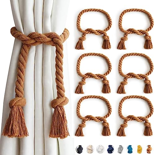 6 Pack Coffee Outdoor Curtain Tiebacks Rope, Natural Cotton Curtain Holders, Village Rural Rustic Curtain Holdbacks, Farmhouse Nautical Curtain Rope Tie Back for Drapery Patio - color: Coffee Rope 6 Pack