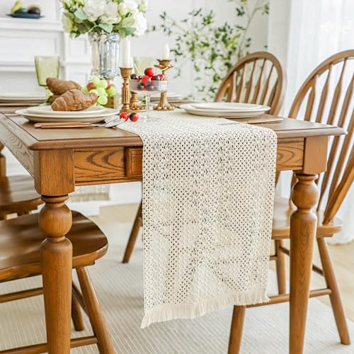Simple&Opulence Boho Macrame 100% Cotton Table Runner - 12 x 72 Inch, Woven Farmhouse Table Runner with Fringed Edges for Bohemian Rustic Wedding, Bridal Shower, Dinner （Beige） - size: 12"x72", style: Cotton / Beige