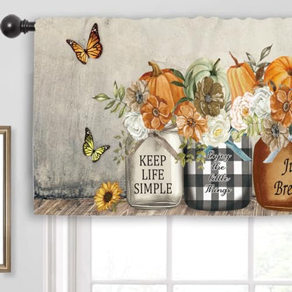 Miyotaa Autumn Fall Pumpkin Flower Kitchen Curtain Valance 54W x 18H Rod Pocket Farmhouse Rustic Harvest Checkered Country Plaid Positive Window Treatment for Living Room Bedroom Bathroom - color: Pumpkin Flower Butterfly, size: 54"W x 18"L (Pack of 1)