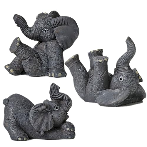 Set of 3 Grey Resin Small Elephant Statues and Set of 2 Cherub Angels Statue Figurine
