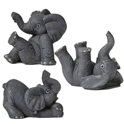Set of 3 Grey Resin Small Elephant Statues and Set of 2 Cherub Angels Statue Figurine