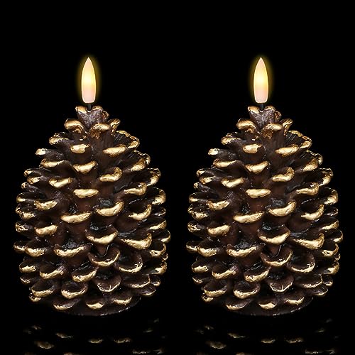 Wondise Flameless Candles with Timer, Battery Operated Flickering 3D Wick Real Wax Pine Cone Candles for Christmas Indoor Decoration, Set of 2, Brown(D3.5 x H6 Inch) - color: 3-Brown