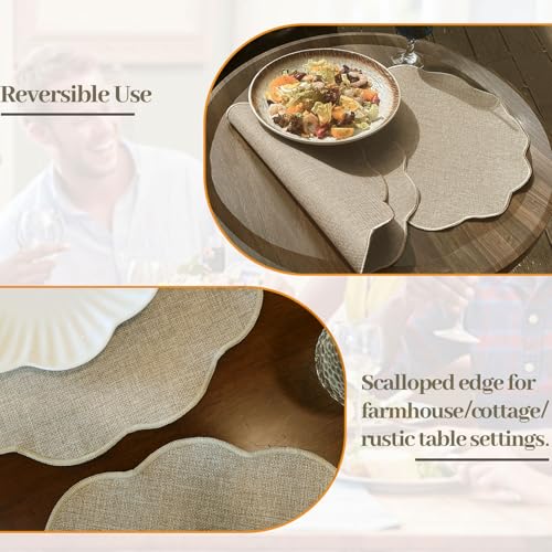 AHHFSMEI Round Scalloped Placemats Set of 6 15 Inch Faux Linen - color: Linen Beige
