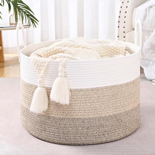 67L Large Woven Blanket Basket, Cotton Rope Baby Laundry Hamper with Handles, Kids Toy Basket for Classroom & Nursery, Soft Round Stuffed Animal Storage, Dog Toy Bin - 20"x13", Jute - color: Jute - W, size: Wide (20"D×13"H)