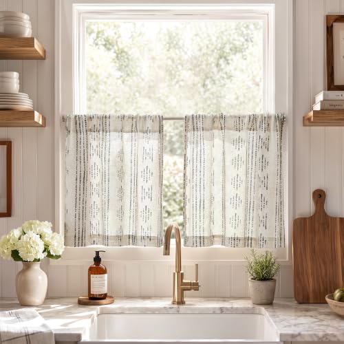 jinchan Linen Striped Tier Curtains for Kitchen Windows Boho - color: Boho Black | on Beige, size: 26"W x 20"L (Pack of 2)