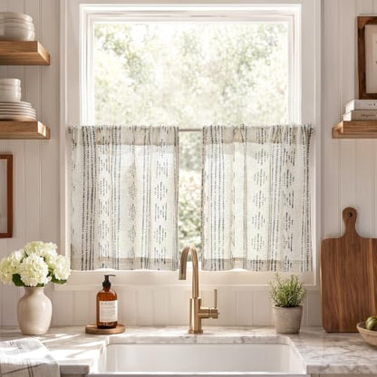 jinchan Linen Striped Tier Curtains for Kitchen Windows Boho - color: Boho Black | on Beige, size: 26"W x 20"L (Pack of 2)