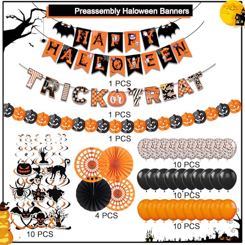 Happy Halloween Trick or Treat Banner Paper Fan Balloons & Swirl Streamers Goul Bat Cat Bird Ghost Pumpkin Lantern for Party Decorations