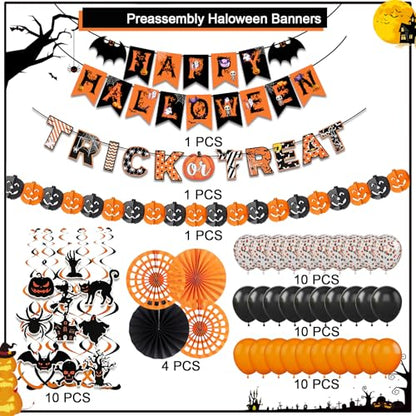 Happy Halloween Trick or Treat Banner Paper Fan Balloons & Swirl Streamers Goul Bat Cat Bird Ghost Pumpkin Lantern for Party Decorations
