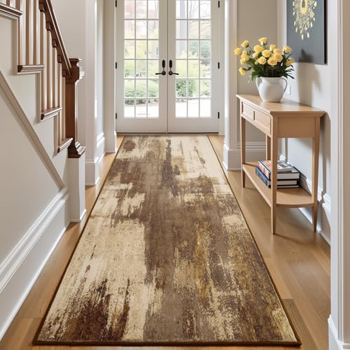Kelarea Washable Runner Rug 2.6x8, Non-Slip Low Pile Abstract Brown - color: Brown, size: 2'6" x 8' (Rectangular)