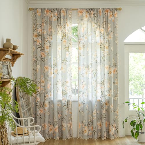 ENJOYBRIDAL Floral Curtains 63 Inch Long Living Room Bedroom Drapes Boho Dining Room Semi Sheer Short Window Curtains 2 Panels Farmhouse Cottage Core Cute Rod Pocket Window Treatments - color: Floral10, size: 52"W x 63"L (Pack of 2)