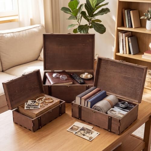 Sliner 3 Pack Vintage Wooden Keepsake Treasure Chest Box with Lock, S M L
