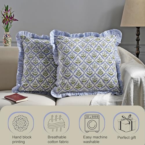 Ridhi Light Steel Blue Block Print Ruffle Pillow Covers 20x20 Inch Set of 2 - color: Light Steel Blue, size: 20" x 20" (Pack of 2)