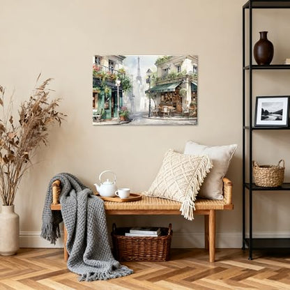 Framed Green Cafe Canvas Wall Art, 24"x16" European Street Scene - color: Green 01, size: 24"L x 16"W