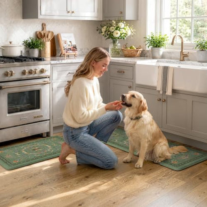 KIMODE Kitchen Mats for Floor Cushioned Anti Fatigue Kitchen Rugs Sets of 2 - color: Sage Green Botanical