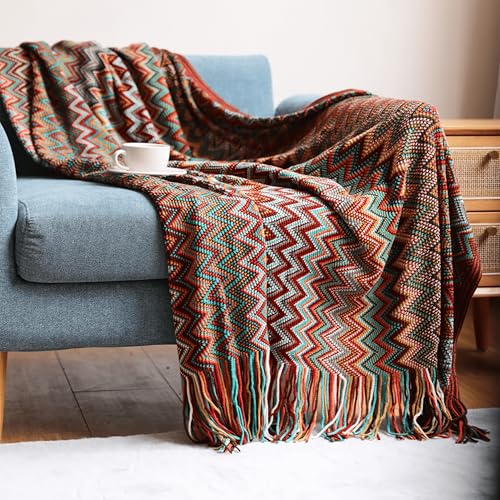 Throw Blanket Bohemian Knitted with Tassel 50x60 Inch (Red) - color: Red