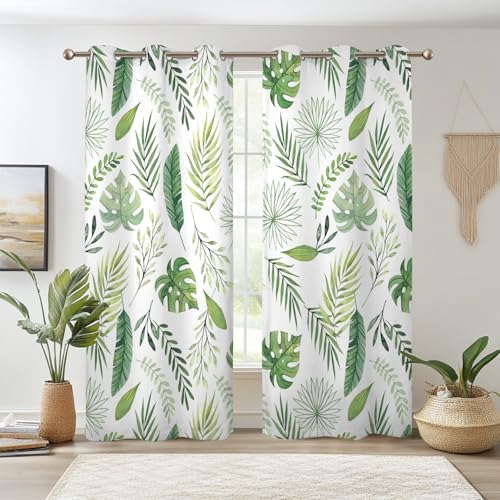 Watercolor Green Tropical Leaf Window Curtains Set 2 Panels 45" L x 29" W - color: Green & White, size: 29"W x 45"L (Pack of 2)