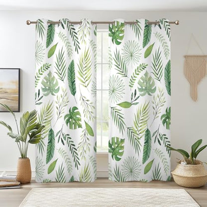 Watercolor Green Tropical Leaf Window Curtains Set 2 Panels 45" L x 29" W - color: Green & White, size: 29"W x 45"L (Pack of 2)