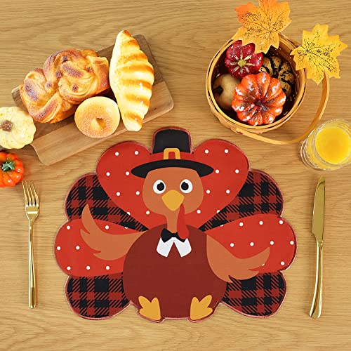 Feuille Thanksgiving Placemats Set of 4 - Fall Placemats for Dining Table Orange Brown Plaid, Harvest Turkey Placemats for Fall Autumn Thanksgiving Decorations - style: Turkey