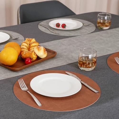Myir JUN 14" Round Placemats Set of 4, Reversible Dual-Color Place Mats - color: Light Gray Reddish Brown