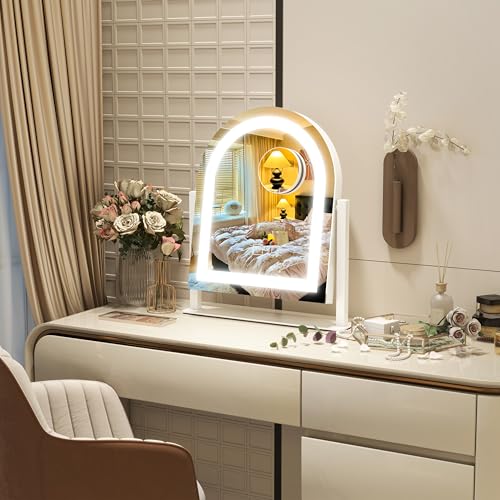 ROLOVE Lighted Makeup Mirror with 3-Color Dimmable Lighting, with Removable 10x Magnifier, Smart Touch Control, 360° Rotation, 15" x 13" Hollywood Vanity Mirror for Tabletop or Desk (White) - color: White, size: 15"L x 13"W