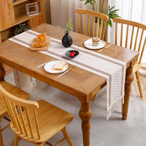 120 inch Table Runner Khaki Double Striped Boho Fall Decor - color: Khaki Double Stripes