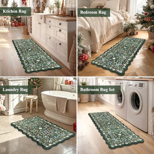 Yamaziot Boho Anti Fatigue Kitchen Rug Set of 3 Scalloped Non-Slip, Green - color: Green & Black, size: 17.3"x29"+17.3"x35"+17.3"x47"