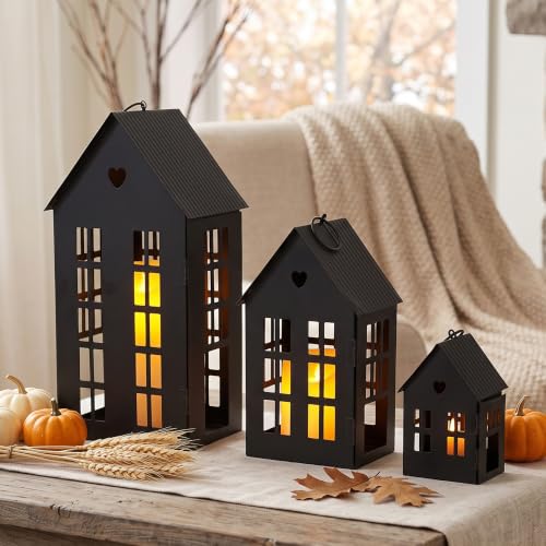 TRIROCKS Set of 3 Decorative Hanging Lanterns 13.5"&9.5"&5.5" H Gothic Street Town House Village Decor Candle Holders for Home Garden Yard Patio Gothic Parties Events Indoors Outdoors(Black) - color: Black