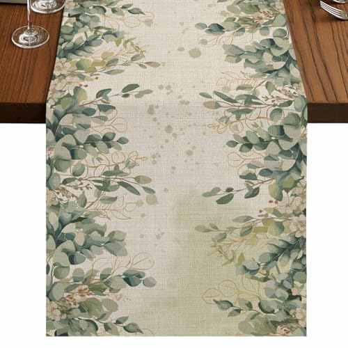Eucalyptus Leaves Table Runner 48 Inches Long,Sage Green Botanical Leaf Cotton Linen Table Runners Dresser Scarves,Spring Retro Beige Fabric Tabletop Scarf Furniture Cover for Home Dinner Party13 x48 - color: Light Beige Sage Green, size: 13x48 Inches