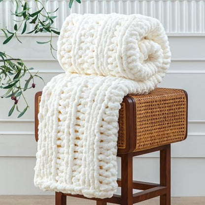 WESHIONGOO Chunky Knit Blanket Throw for Couch Bed 40"×60" Cream White - color: Cream White, size: 40"x60"(Medium Size Throw)