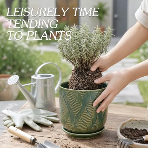 7.2 Inch Modern Ceramic Glaze Plant Pot with Drainage Hole,Mesh Net,Saucer,Indoor Outdoor Planter(Leaf-Green) - color: Leaf-green