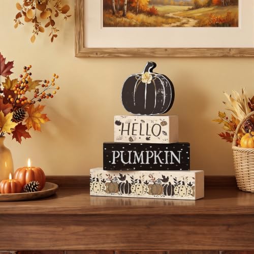 Smile Fall Wooden Decor Signs Black Pumpkin Plaque HELLO PUMPKIN Tiered Tray Tabletop for Autumn Harvest Thanksgiving Home Decorations - style: Black Pumpkin