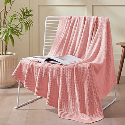 TREELY 100% Cotton Pink Knitted Throw Blanket 50"x60" - color: Pink, size: Throw(50" x 60")