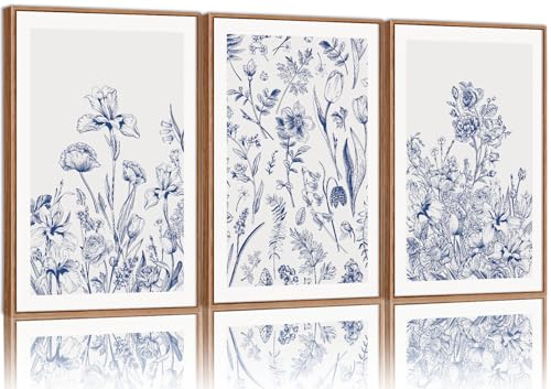 SIGNINART Classic Chinoiserie Framed Canvas Wall Art Set, Blue and White Floral Art Painting, Minimalist Botanical Flower Artwork, Navy Blue Wall Decor for Bedroom, Living Room, Office 24"x36"x3 - color: Chinoiserie Framed, size: 36"L x 24"W