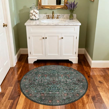 Entry Round Rug 3ft, Small Black Green Floral Round Bathroom Rug - color: Black / Multi, size: 3' (Round)