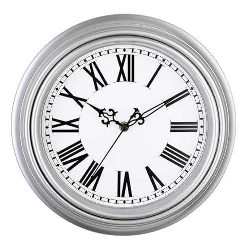 Plumeet Extra Large Retro Wall Clock, 16'' Non Ticking Classic Silent Vintage Wall Clocks Decorative Kitchen Living Room Bedroom, Roman Numerals, Battery Operated, Silver - color: Silver, size: 16''