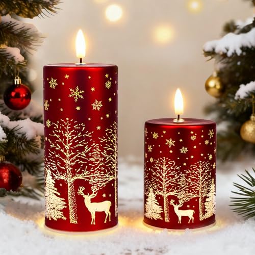 MJ PREMIER Christmas Decorations Indoor Mercury Glass Lights with Timer Battery Operated Light Table Centerpiece for Home Decor, Fireplace Mantle, Gift LED Christmas Tree with Deer Carvings (Red)