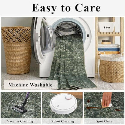 3x7 Washable Kitchen Runner Rug Non-Slip Boho Dark Green Throw Carpet - color: Dark Green, size: 3' x 7' (Runner)
