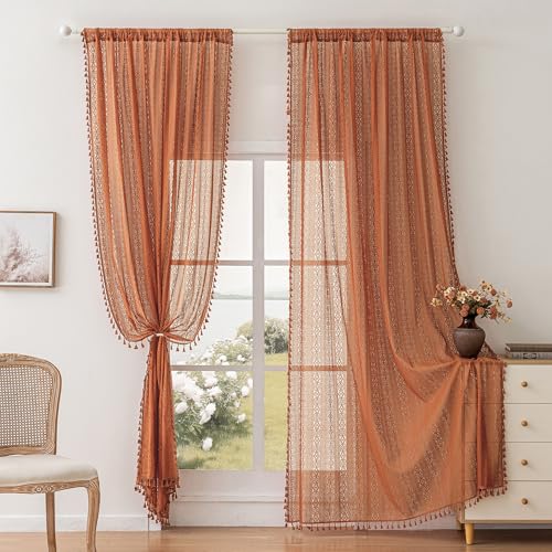WAZZIO Boho Lace Curtains 84 inch Curtains 2 Panel,Rod Pocket Vintage Bohemian Farmhouse Crochet Cotton Geometry Privacy Sheer Curtain Drapes Farmhouse for Living Room Bedroom,Bunrt Orange - color: Burnt Orange, size: 59"W x 84"L (Pack of 2)