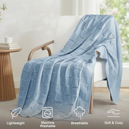 Whale Flotilla Checkered Knit Throw Blanket for Couch, Blue - color: Blue, size: 50x60 Inch