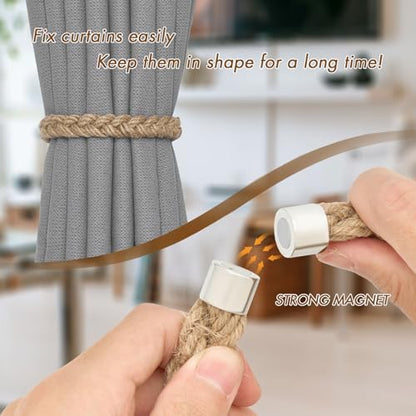 NICEEC 2 Pack Natural Jute Rope Curtain Tiebacks Elegant Boho Style Magnetic Drape Tie Backs Soft Hand-Woven Rope Curtain Holdbacks for Home & Office Drapery (Jute Rope-Thick) - color: Jute Rope-thick, size: 2 Pack