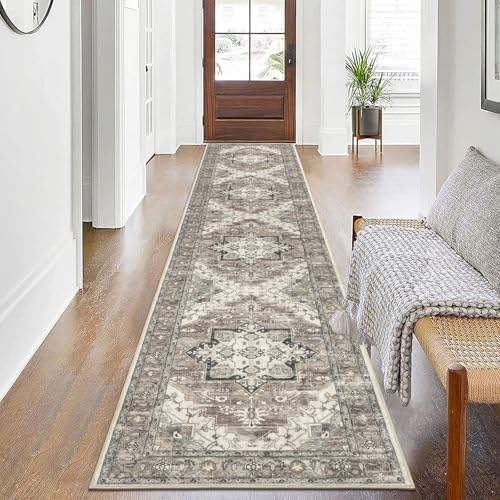 Pauwer Vintage Floral 2x10 Runner Rug, Non Slip Hallway Runner, Grey Brown - color: Grey Brown, size: 2' x 10' (Runner)