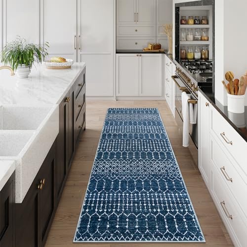 Lahome Moroccan 2x5 Washable Blue Runner Rug, Non-Slip Low-Pile Stain Resistant Kitchen Rugs, Geometric Soft Bathroom Runner Carpet for Entrance Bedroom Laundry Hana, Blue - color: Blue, size: 2' x 5' (Runner)