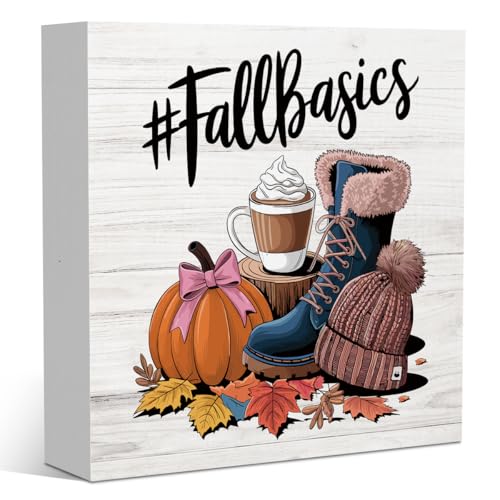 Autumn Thanksgiving Happy Fall Pumpkin Bow Spice Coffee Office Bedroom Dining Room Decor Wooden Box Block Plaque Wood Products Sign for Desk Table Tabletop Decor 5 x 5 inches Tub1602 - color: Basics
