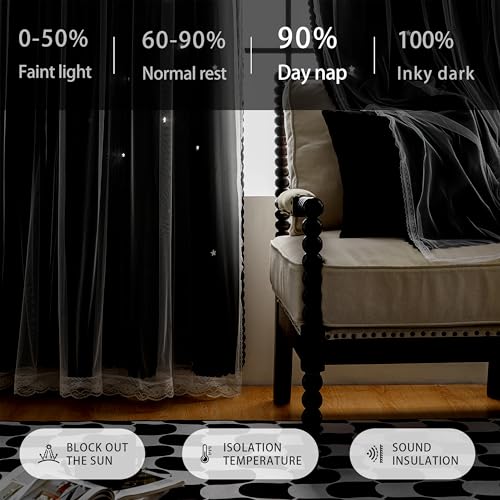 XiDi Black Curtains for Bedroom 63 Inches Long Star Blackout Curtains 34x63 - color: Black, size: 34"W x 63"L (Pack of 2)