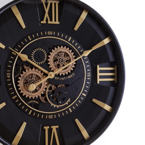 CLXEAST Mid Century Modern Black Gold 24 Inch Wall Clock with Moving Gears - color: Mid Century Modern Black/Gold, size: 24 Inch