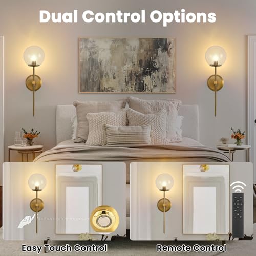 Globe Battery Operated Sconce Set of 2 with Clear Glass Lampshade - color: Gold-Clear
