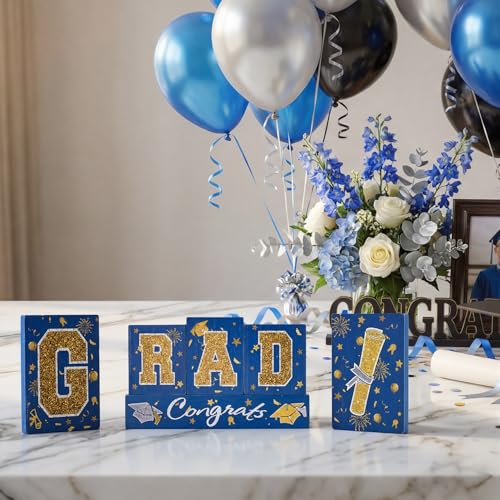 Smile GRAD Wooden Block Decor Set, 6-Piece Blue(Science) & Gold Glittered Letter Blocks with Congrats Banner, Tiered Tray Tabletop Signs for Graduation Party Decorations - style: Grad Blue
