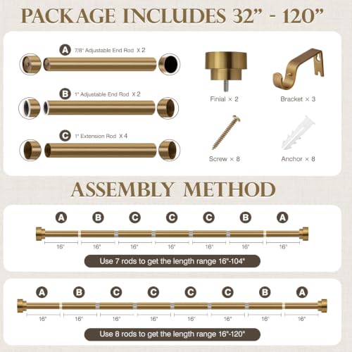 Brushed Brass Curtain Rods 32 to 120 Inch for Windows, 1 Inch Heavy Duty Adjustable Curtain Rod with Modern Solid Metal Finials, Antique Warm Gold Long Drapery Rod for Living Room & Bedroom - size: 32"-120"