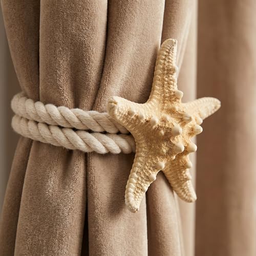 2 Pack Natural Starfish Rope Curtain Tiebacks Holdbacks, Hand Woven Cotton Curtain Ties, Coastal Nautical Decor for Sheer & Outdoor Curtains, Bedroom Bathroom Wedding Drapery Accessories